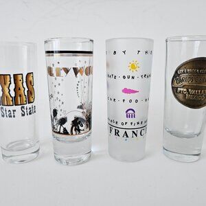 4 Shot Glasses 4" Tall - Texas, Hollywood, San Francisco, Puerto Vallarta Mexico